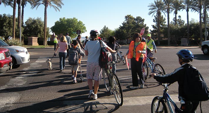 Students safely cross the crosswalk