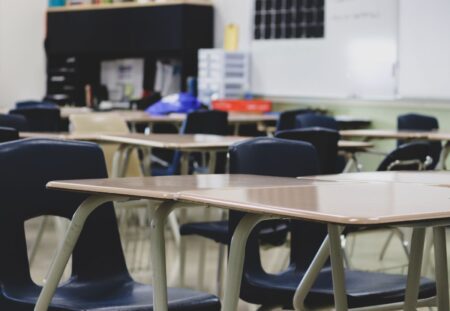 Stock image of an empty classroom.