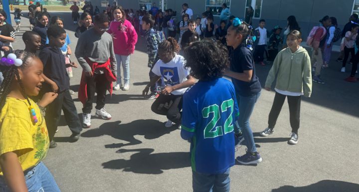 Students and staff dance for Nevada Moves Day.