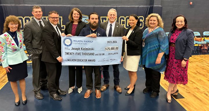 Clark County School District's 2024 Milken Award Winner Joseph Kielminski pictured with special dignitaries.