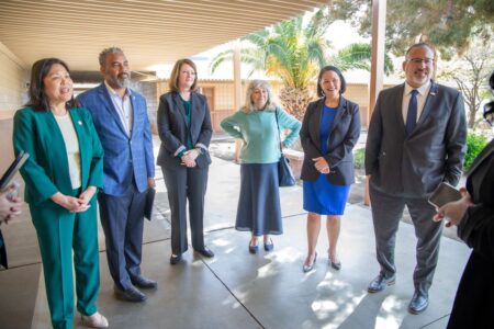 From left to right: Acting Secretary of Labor Julie Su, Representative Steven Horsford, Interim Superintendent Brenda Larsen-Mitchell, Representative Dina Titus, State Superintendent Jhone Ebert and Secretary of Education Miguel Cardona.