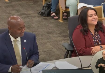 Dr. Scavella and Danielle Jones at the Aug 8, 2024 CCSD Board of Trustees Meeting.