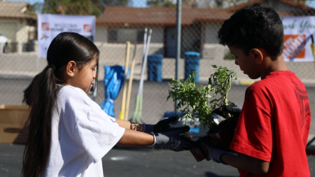 Students at Dondero ES work in the school garden.