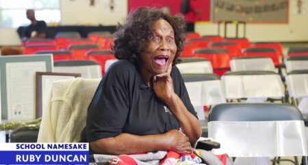 Ruby Duncan expresses her joy over her students at Ruby Duncan Elementary School.