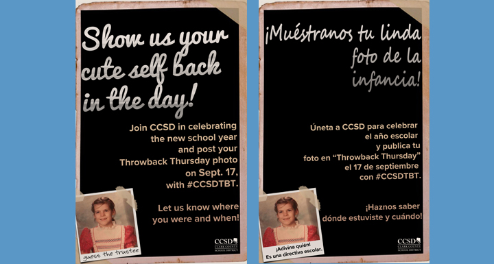 Post a school throwback photo on social media 9/17 using #CCSDTBT
